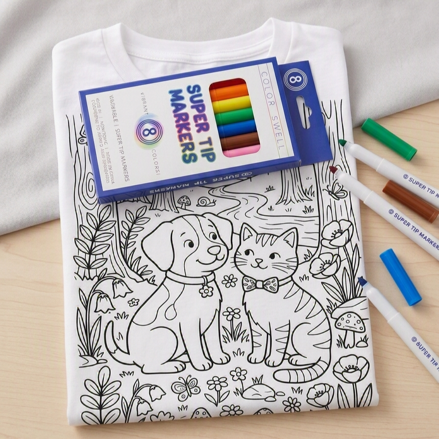 A white coloring book or coloring page featuring a black-and-white illustration of a dog and a cat in a forest, laid flat on a light wood surface with a box of Super Tip Markers and several colored markers around it.