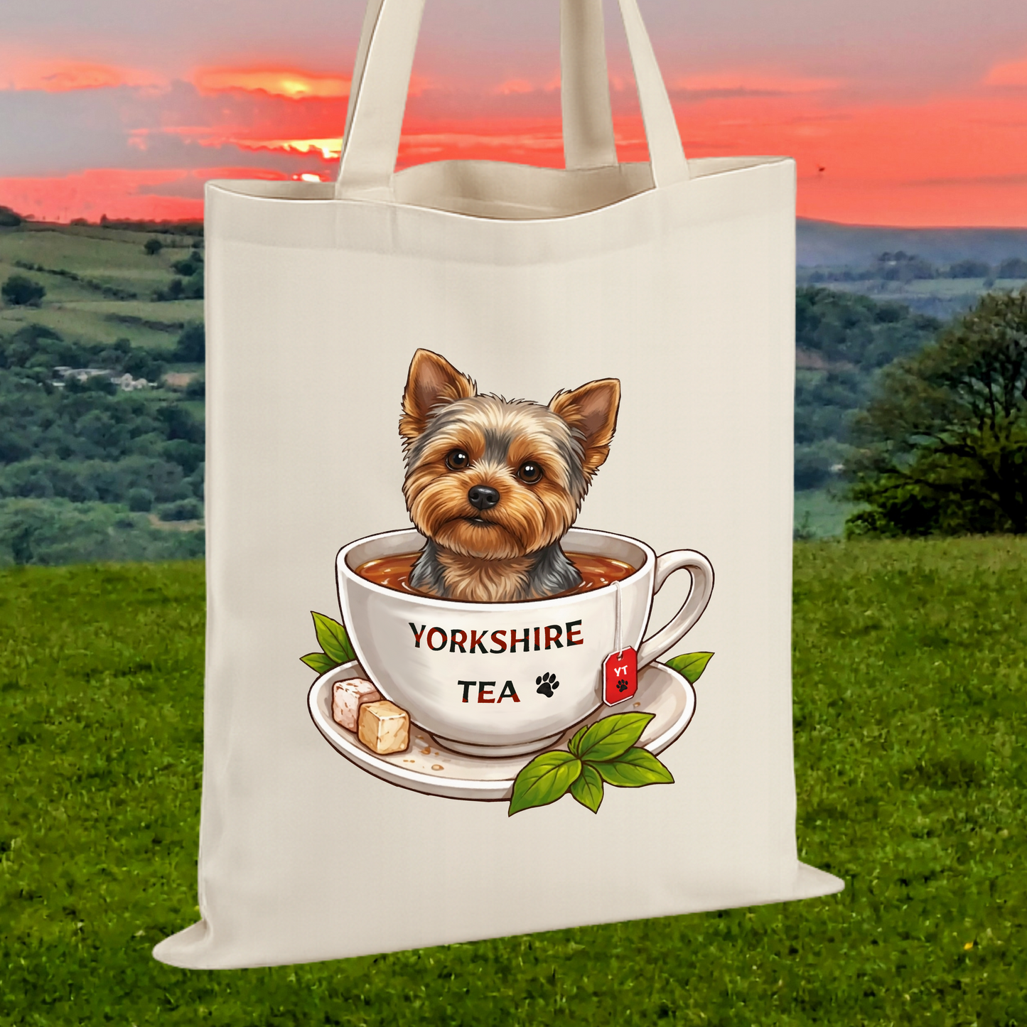 An off-white canvas tote bag featuring a graphic of a Yorkshire Terrier sitting in a teacup with the words 'YORKSHIRE TEA' on the front, set against a blurred background of a grassy field and a sunset sky.