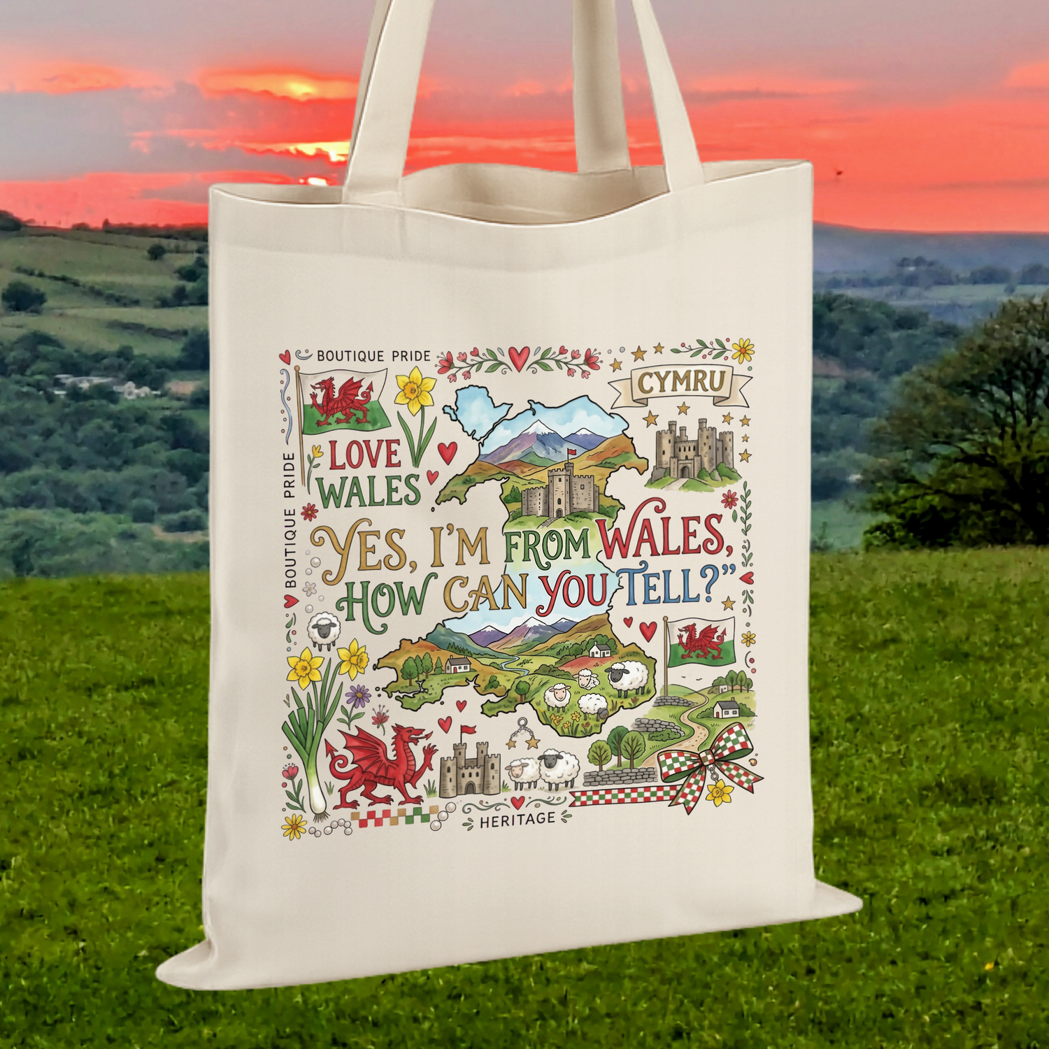 A cream canvas tote bag with a colorful Welsh-themed illustration and text, standing on a green grassy field with a sunset landscape in the background.