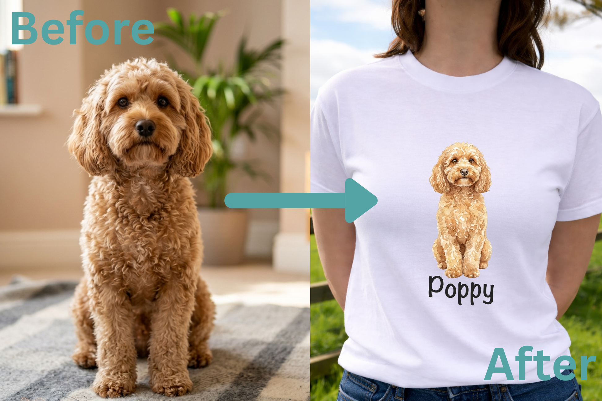 Before and after comparison of a dog and a person wearing a t-shirt with the dog's image.