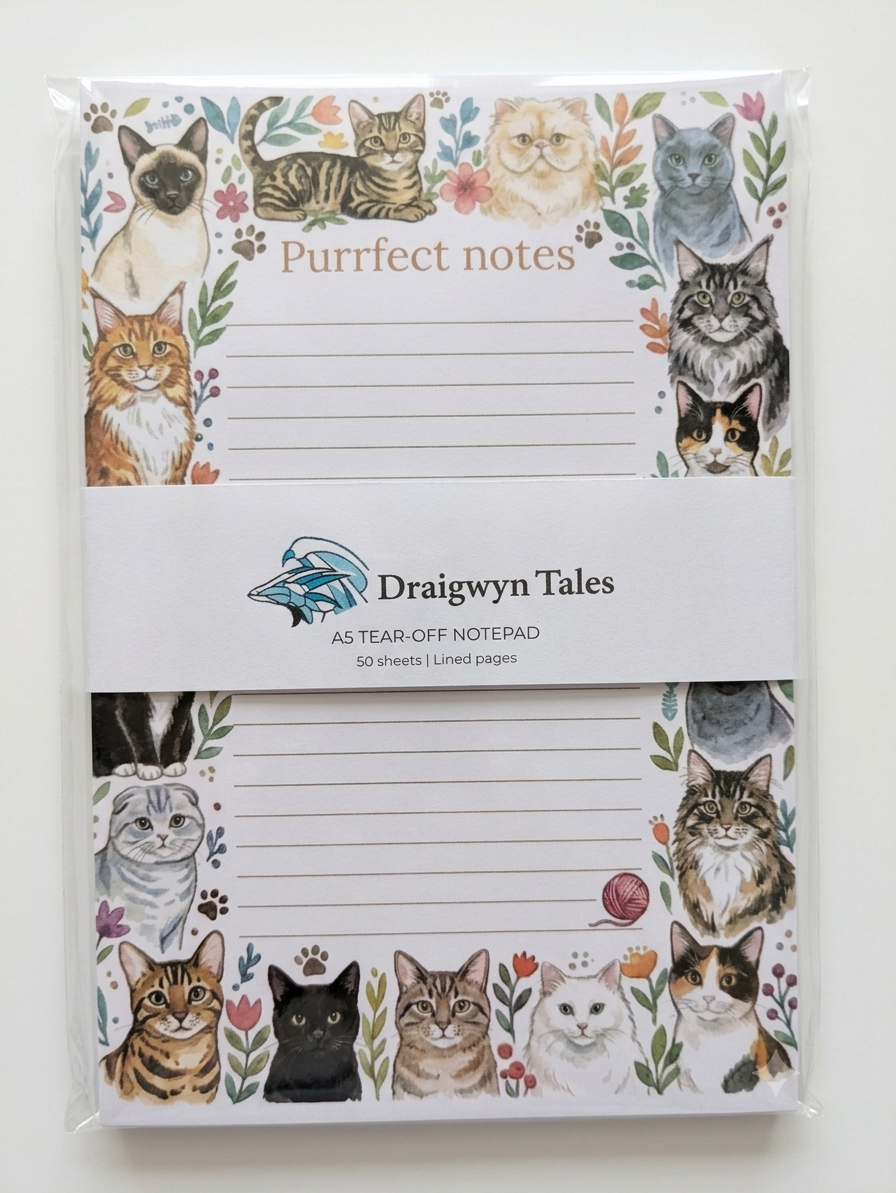 A packaged tear-off notepad from Draigwyn Tales featuring watercolor illustrations of various cat breeds around a lined writing area, wrapped in a clear plastic sleeve with a white paper band.