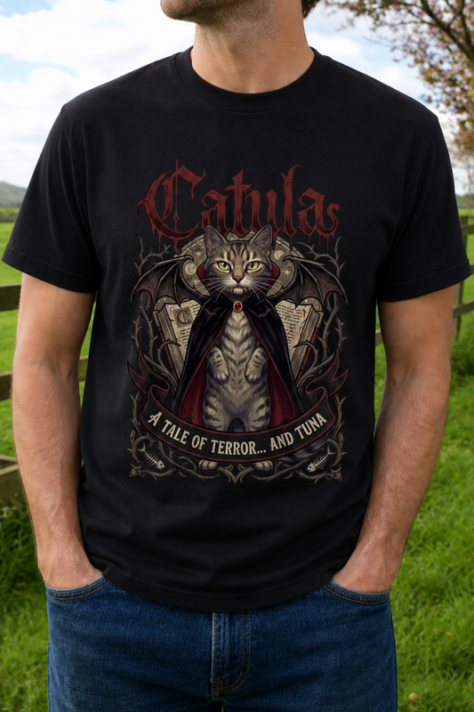 A man wearing a black graphic t-shirt with a detailed design of a cat in a cape and the word 'Catula' in gothic red lettering.