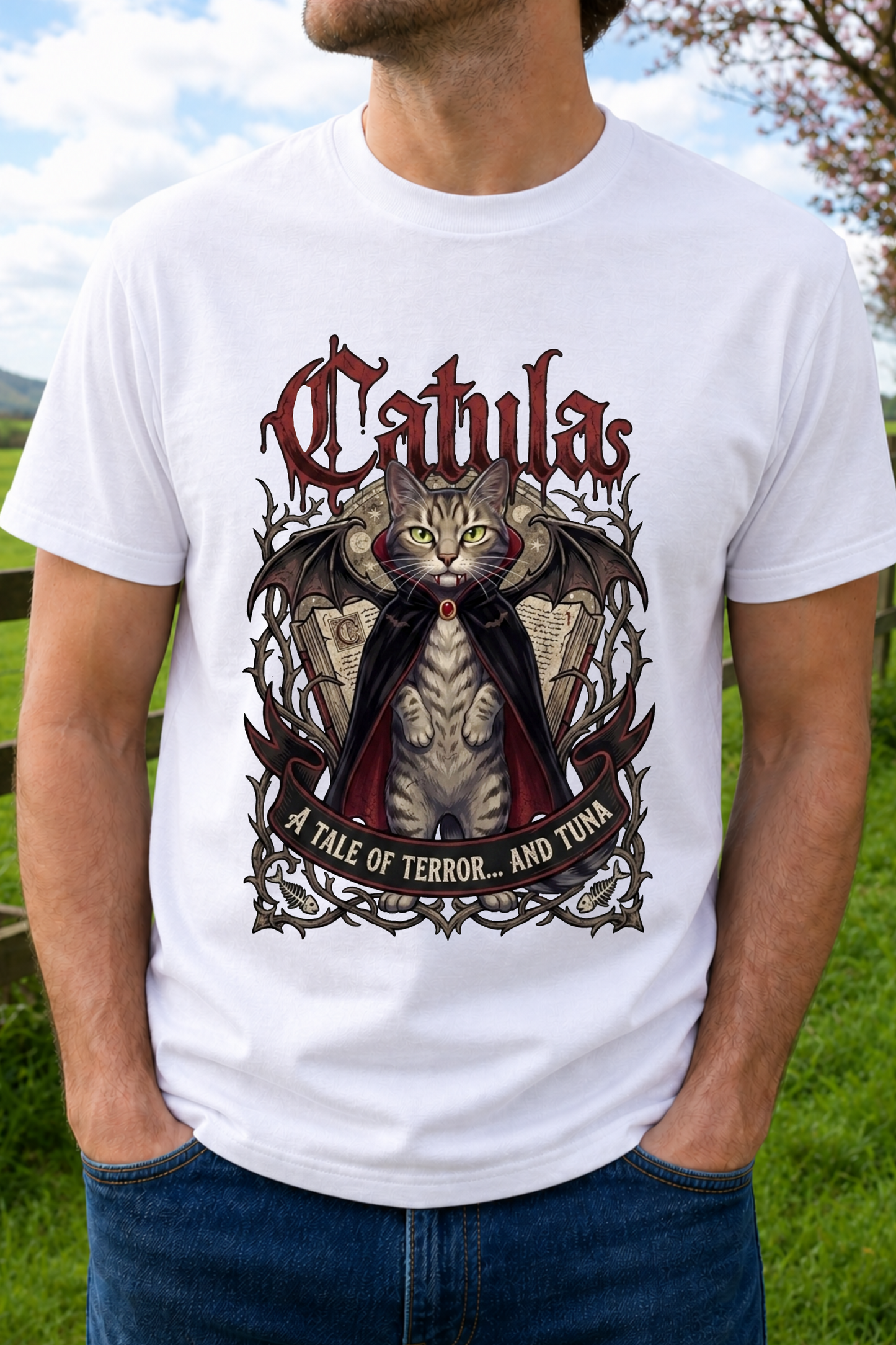 A man wearing a white graphic t-shirt with a gothic cat illustration and the text 'Cathula - A TALE OF TERROR.