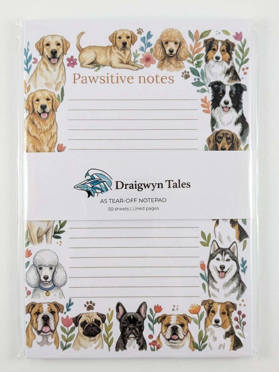 A tear-off notepad from Draigwyn Tales featuring a white center with lined writing space and a border of illustrated dogs and floral accents. The top reads 'Pawsitive notes'.