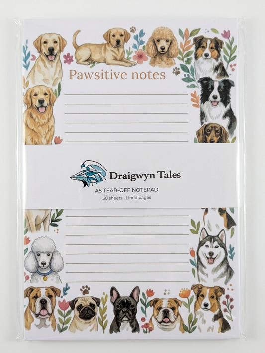 A tear-off notepad from Draigwyn Tales featuring a white center with lined writing space and a border of illustrated dogs and floral accents. The top reads 'Pawsitive notes'.