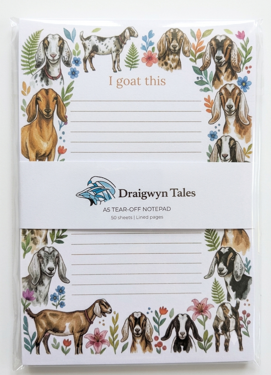 A tear-off notepad from Draigwyn Tales, featuring a white lined page design surrounded by watercolor illustrations of various goat breeds and small flowers, wrapped in a clear plastic sleeve.
