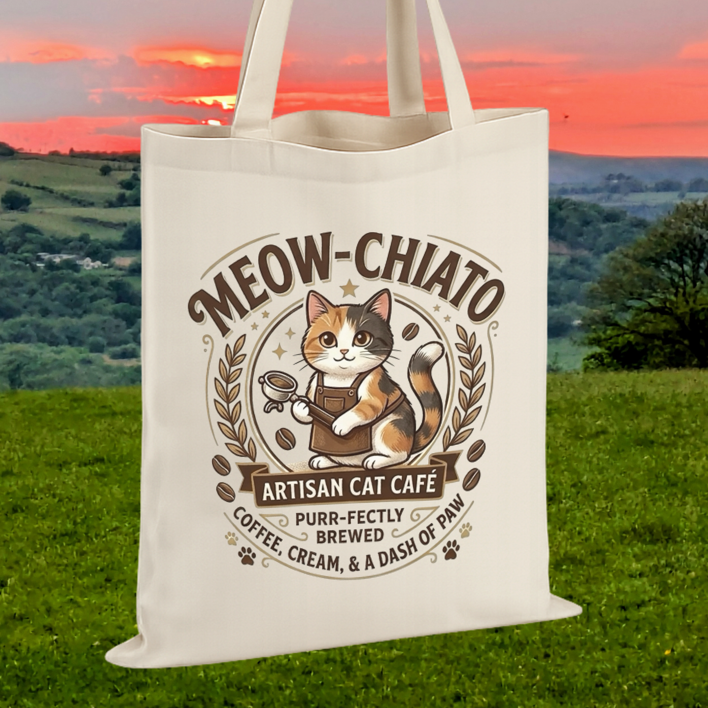 A cream canvas tote bag with a printed cartoon cat cafe logo, set against a scenic background of a grassy field and a sunset sky.
