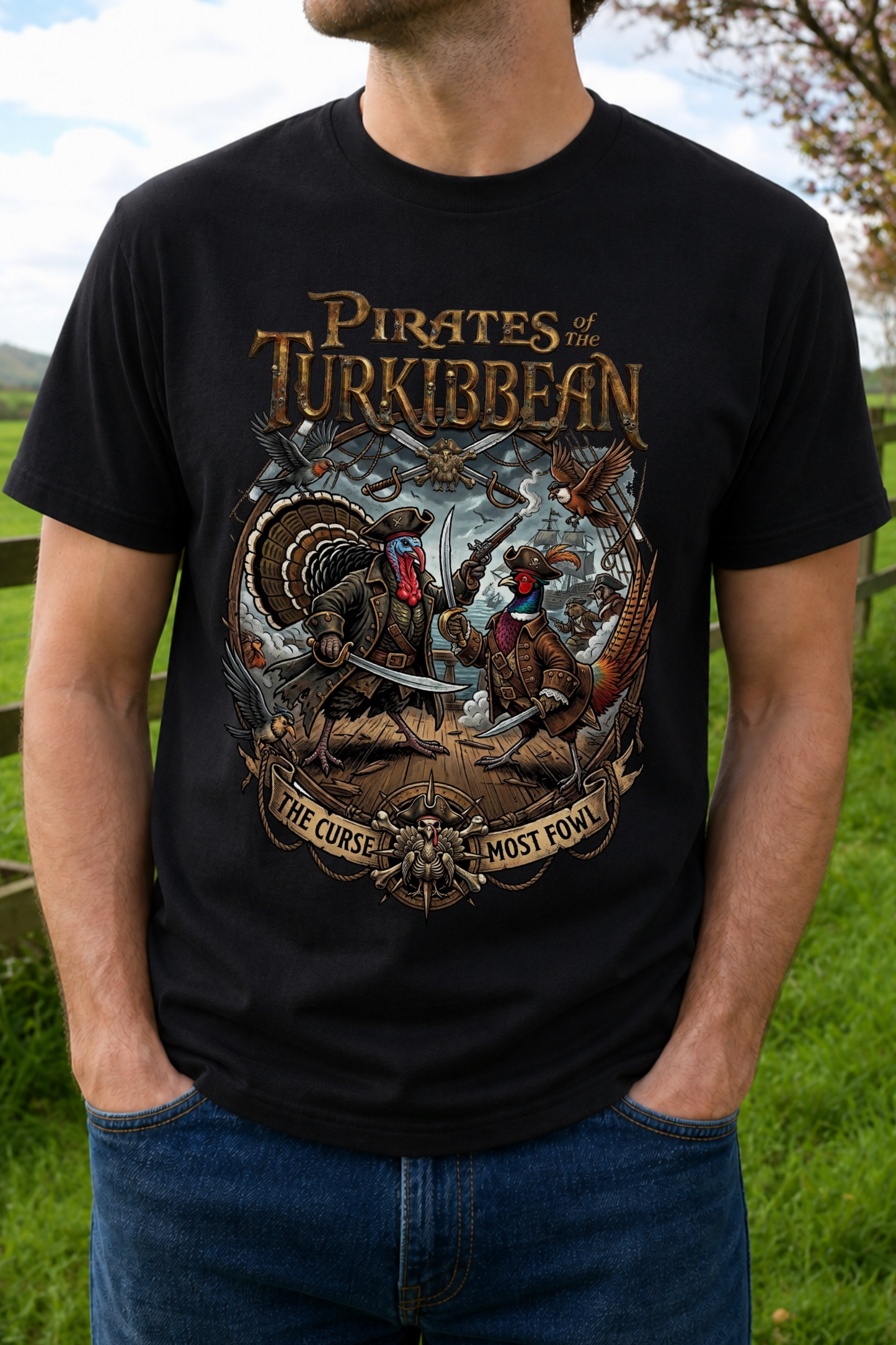 A man wearing a black graphic t-shirt with a detailed illustration of 'Pirates of the Turkibbean' characters. The curse most fowl.