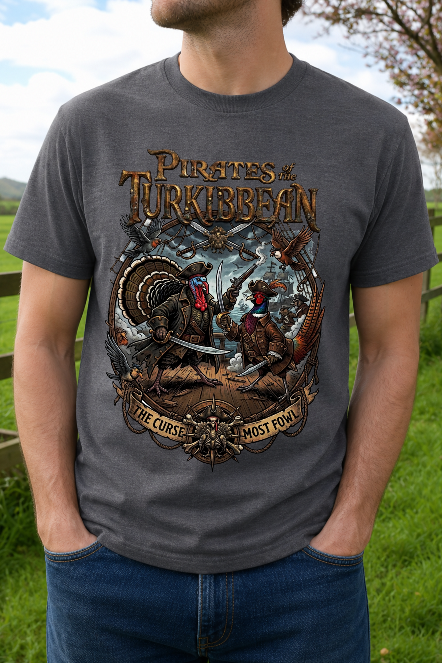 A man wearing a dark gray graphic t-shirt with a detailed illustration of a pirate and a turkey, with the text 'Pirates of Turkibean' and 'The Curse Most Fowl'.