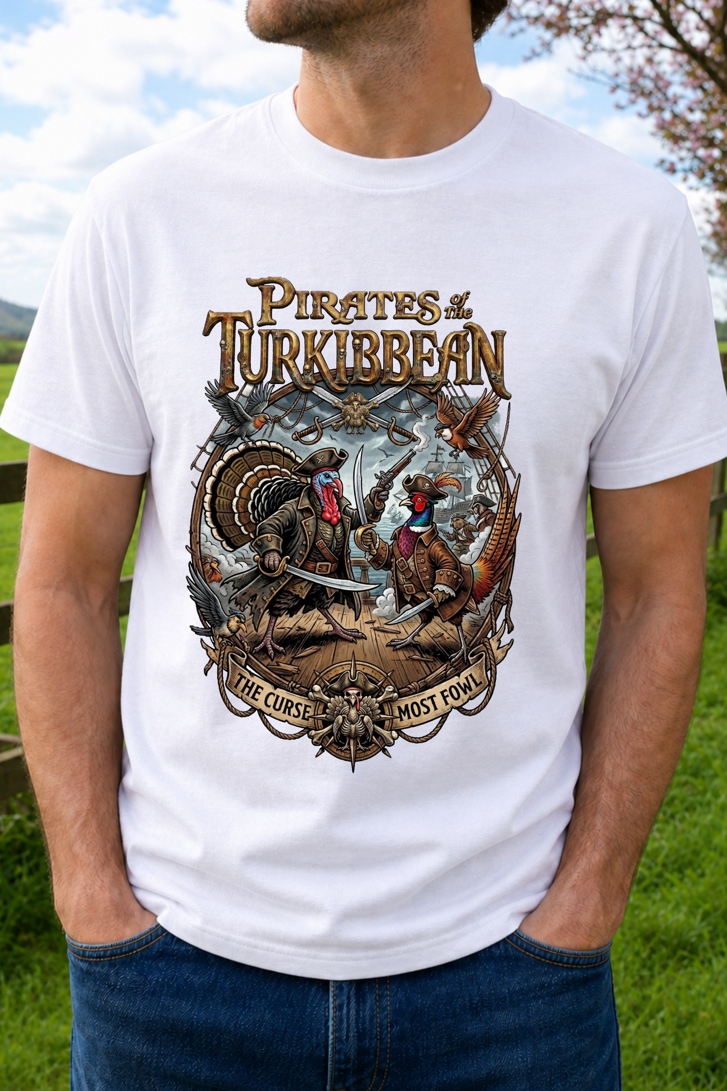 A man wearing a white graphic t-shirt with a detailed 'Pirates of the Turkbbean' print. The curse most fowl