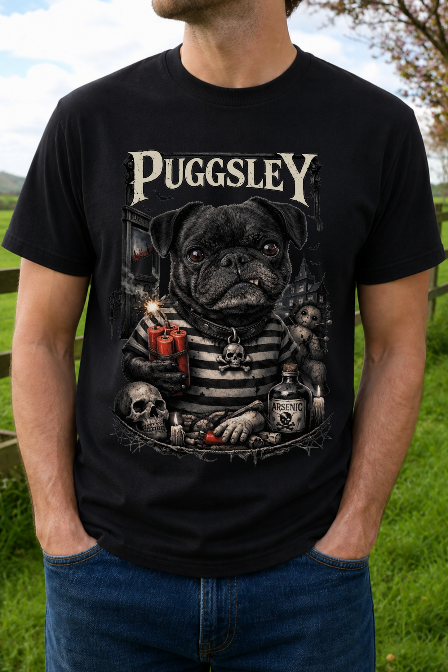 A man wearing a black graphic t-shirt featuring a gothic-style illustration of a pug with the text 'PUGGSLEY' above it.