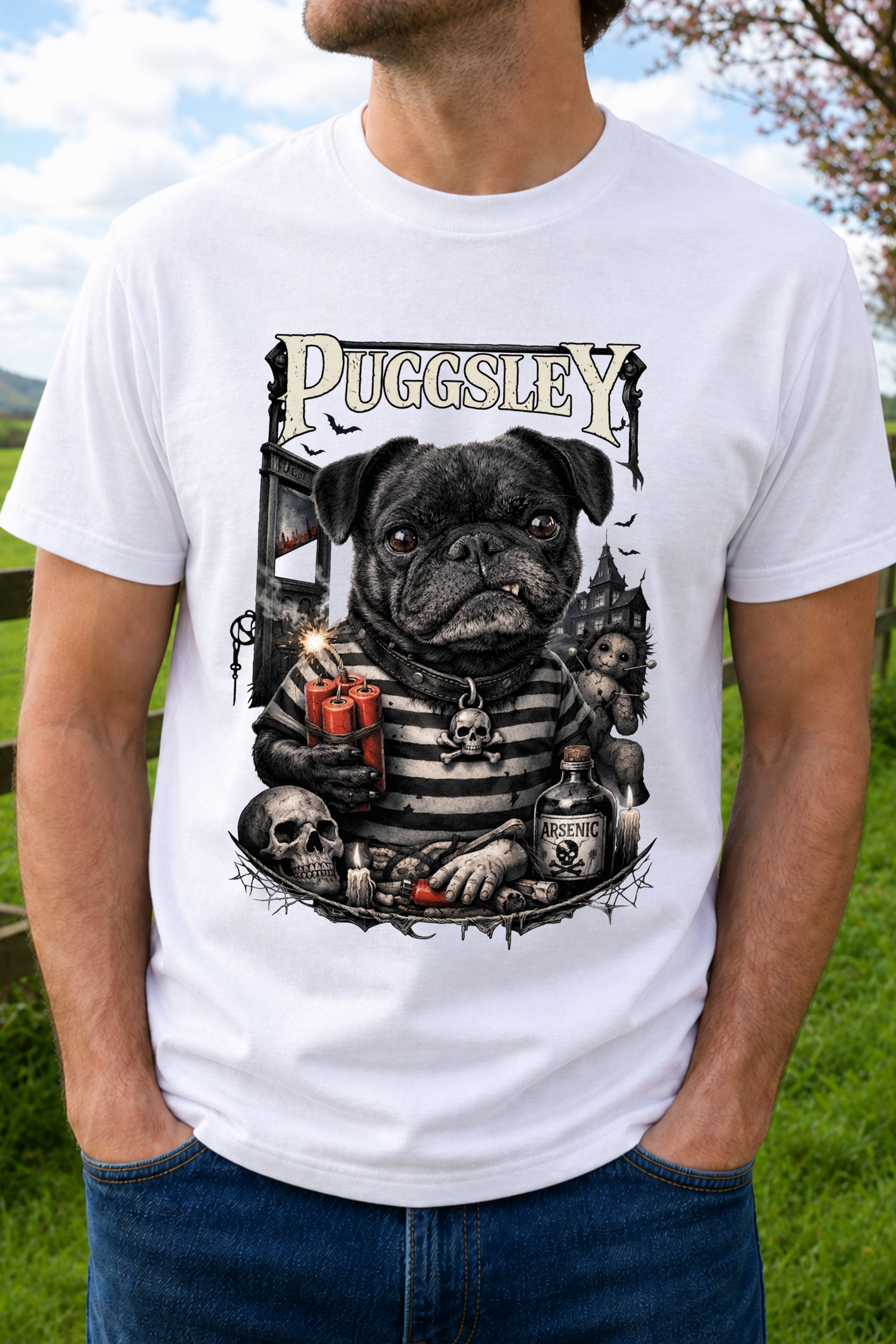 A man wearing a white graphic t-shirt featuring a gothic-style illustration of a pug with the text 'PUGGSLEY' 