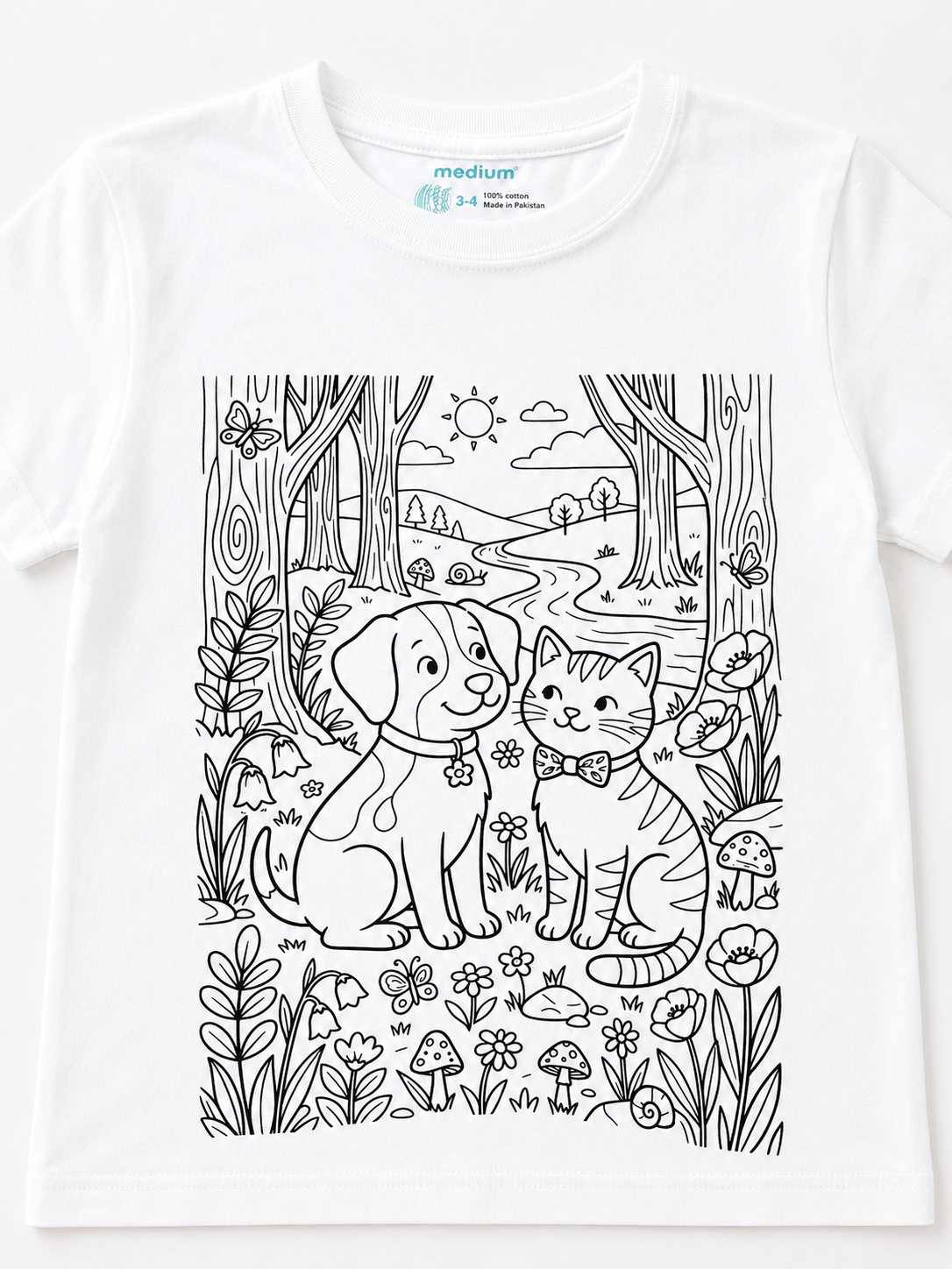 A white short-sleeve crewneck t-shirt featuring a large black and white line art graphic of a dog and a cat sitting together in a forest clearing. 