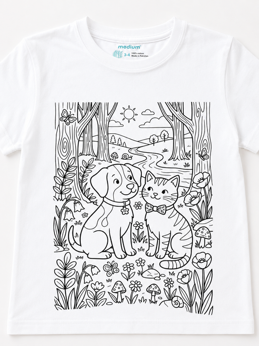 A white short-sleeve crewneck t-shirt featuring a large black and white line art graphic of a dog and a cat sitting together in a forest clearing. 