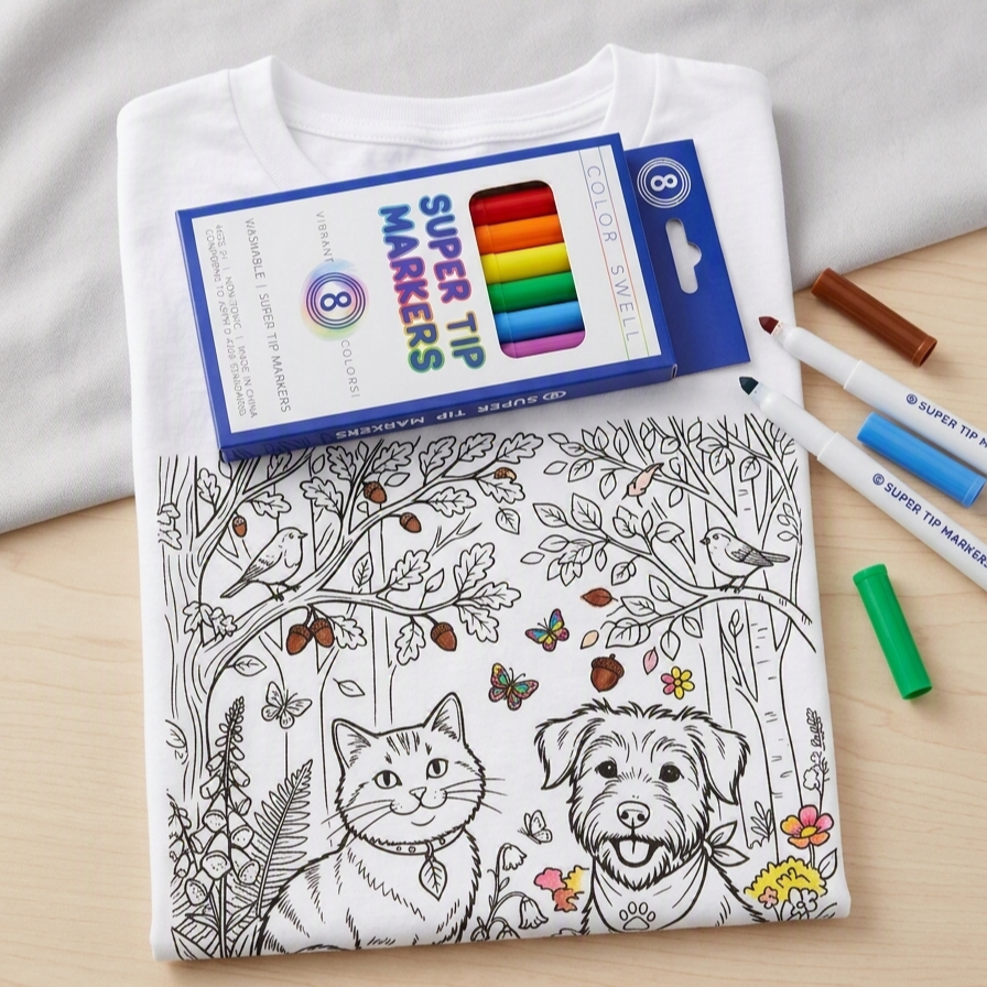 A white coloring book or coloring page with a black-and-white cat and dog in a forest scene, styled on a light wood surface with a blue box of Super Tip Markers and several colored markers nearby.